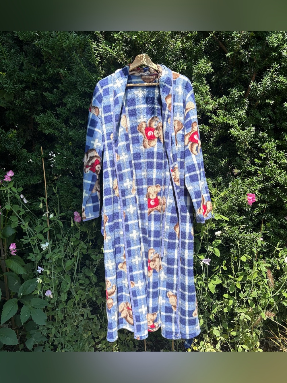 Vintage Blue Plaid Teddy Bear Fleece Robe
